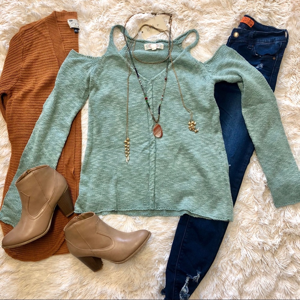 Teal cold shoulder sweater
